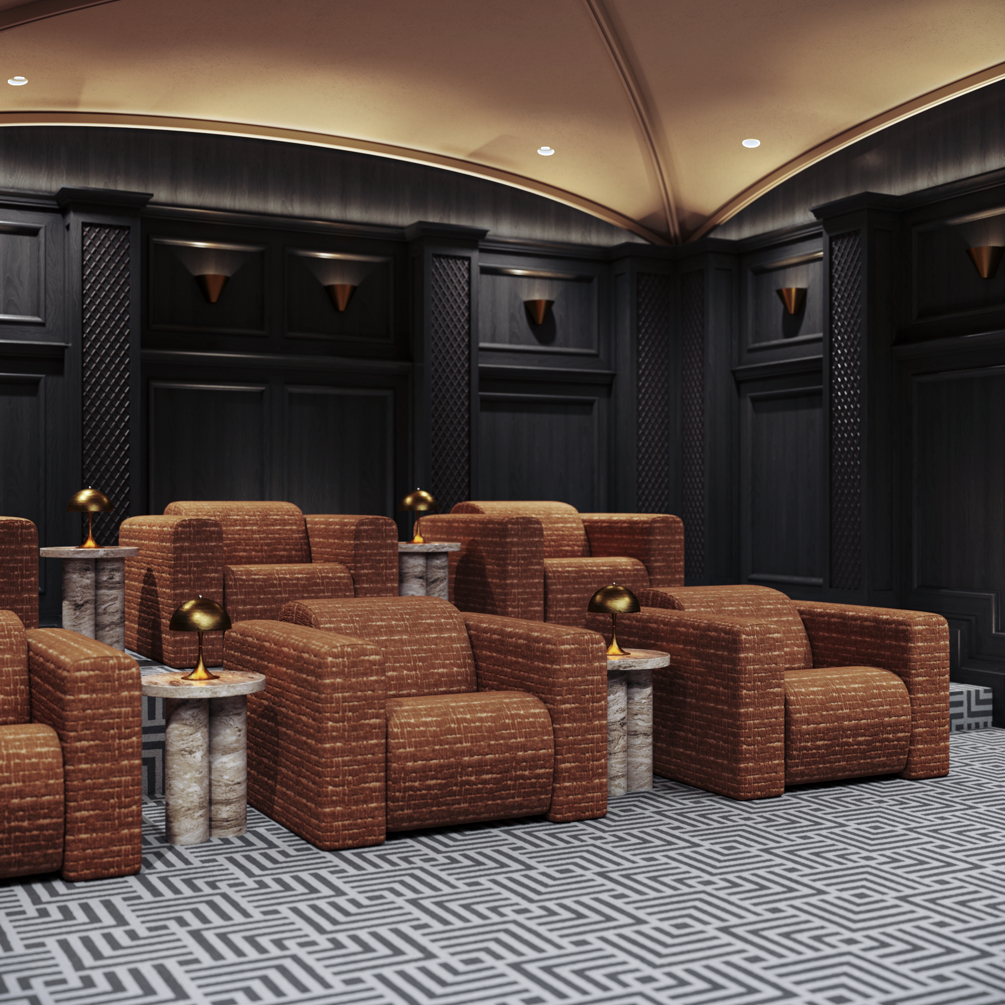 A luxurious movie theater with brown cushioned chairs, marble side tables, and small gold lamps, with dark wood paneling on the walls and patterned carpet.