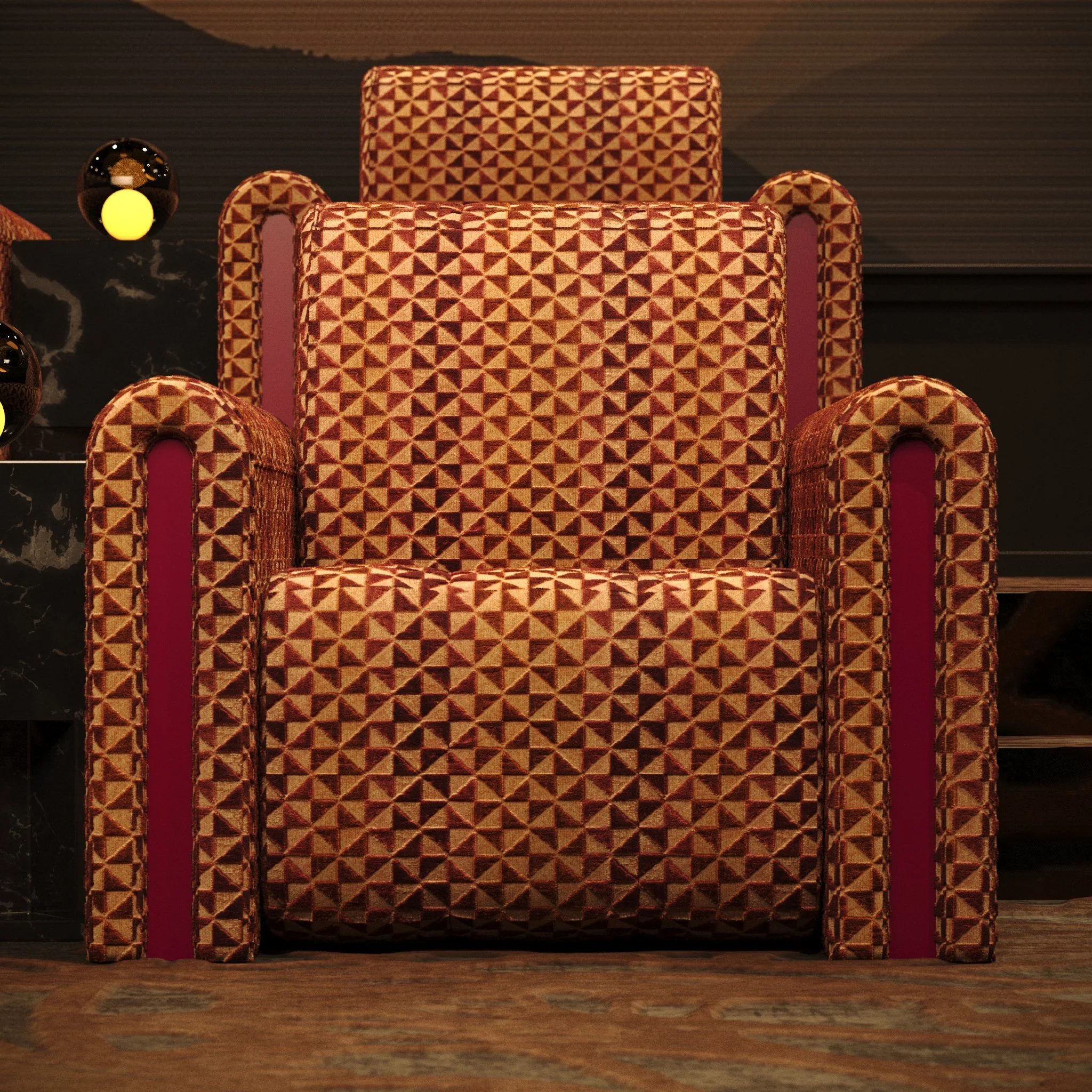 A patterned armchair with a red and gold geometric design, positioned in a room with dark walls and a wooden floor.