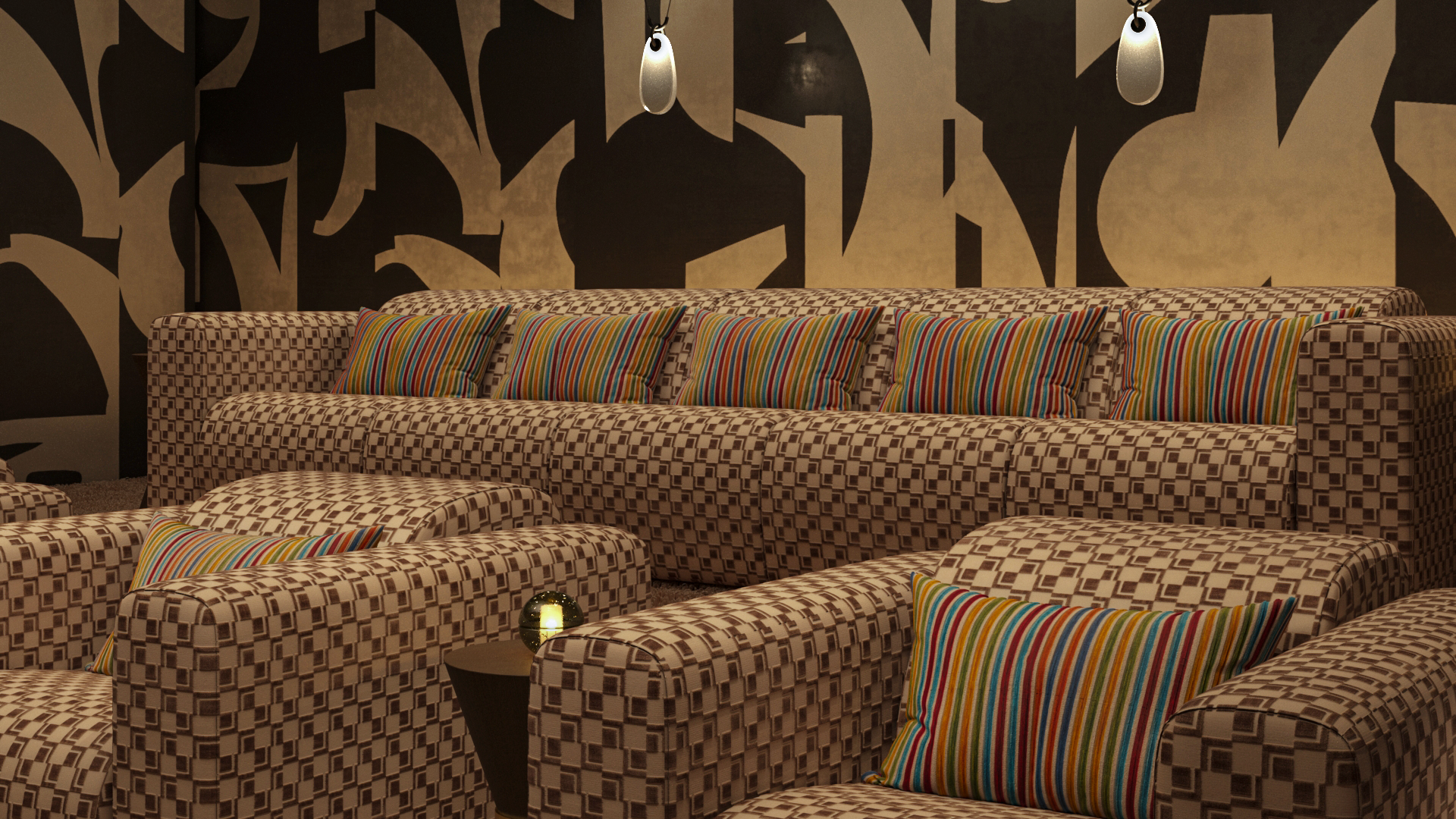 A living room with patterned sofa and armchairs, colorful striped pillows, a small black side table, and decorative wall art with large black and beige shapes.