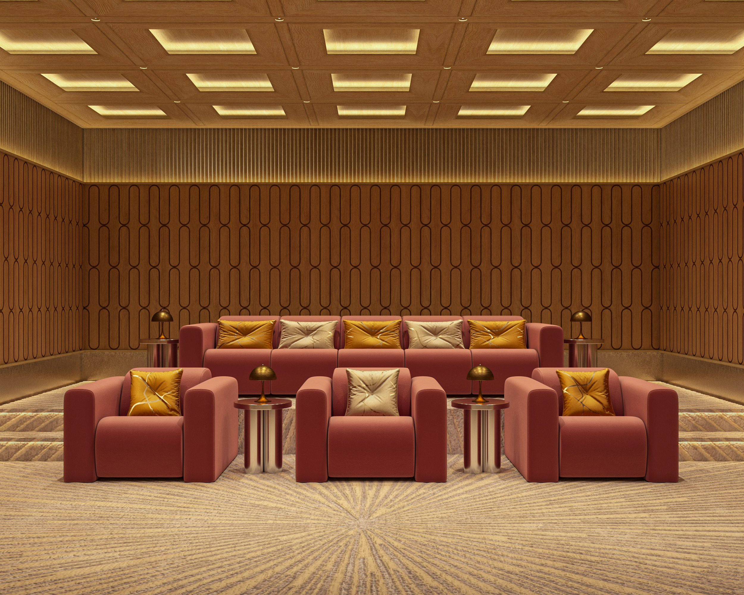 A modern lounge with pink armchairs and a sofa, all with yellow and beige pillows, arranged in front of a wooden-paneled wall with lighting accents. Small side tables with lamps are placed beside each seat.