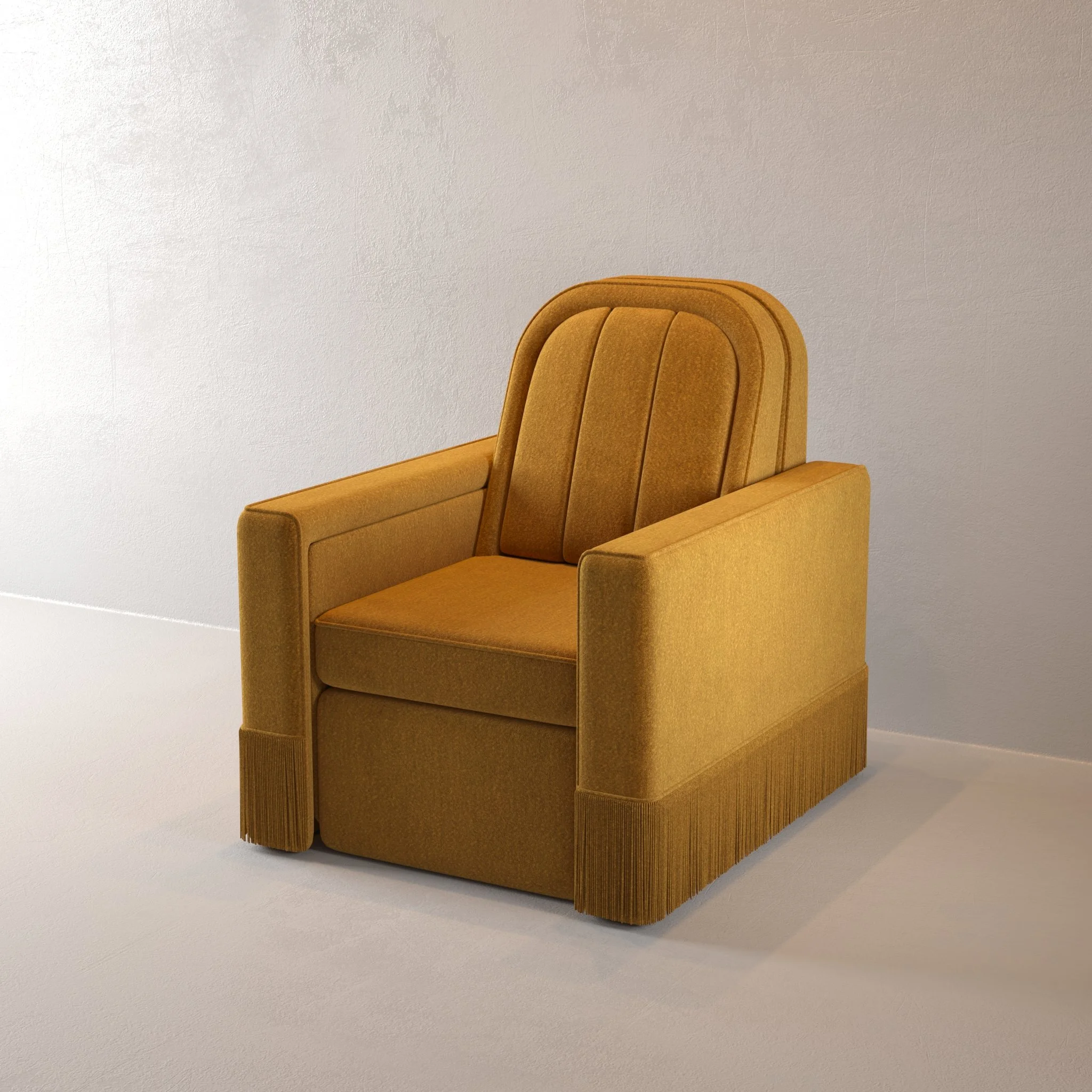A vintage mustard-yellow upholstered armchair with a high back and fringe on the bottom sits alone in a sparsely furnished room with plain cream walls and floor.