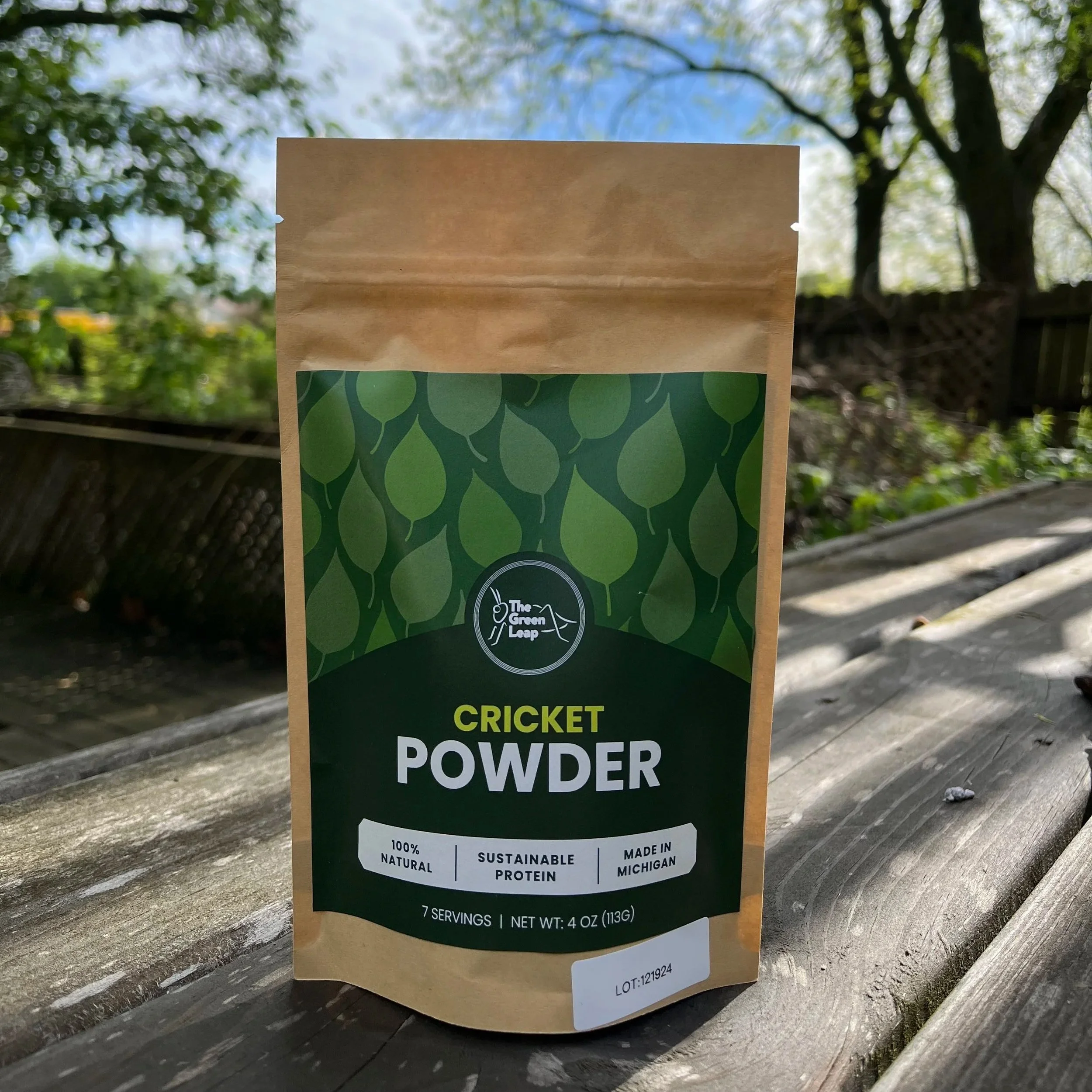 A photo of the Cricket Powder package, 100% natural, sustainable, protein made in Michigan.