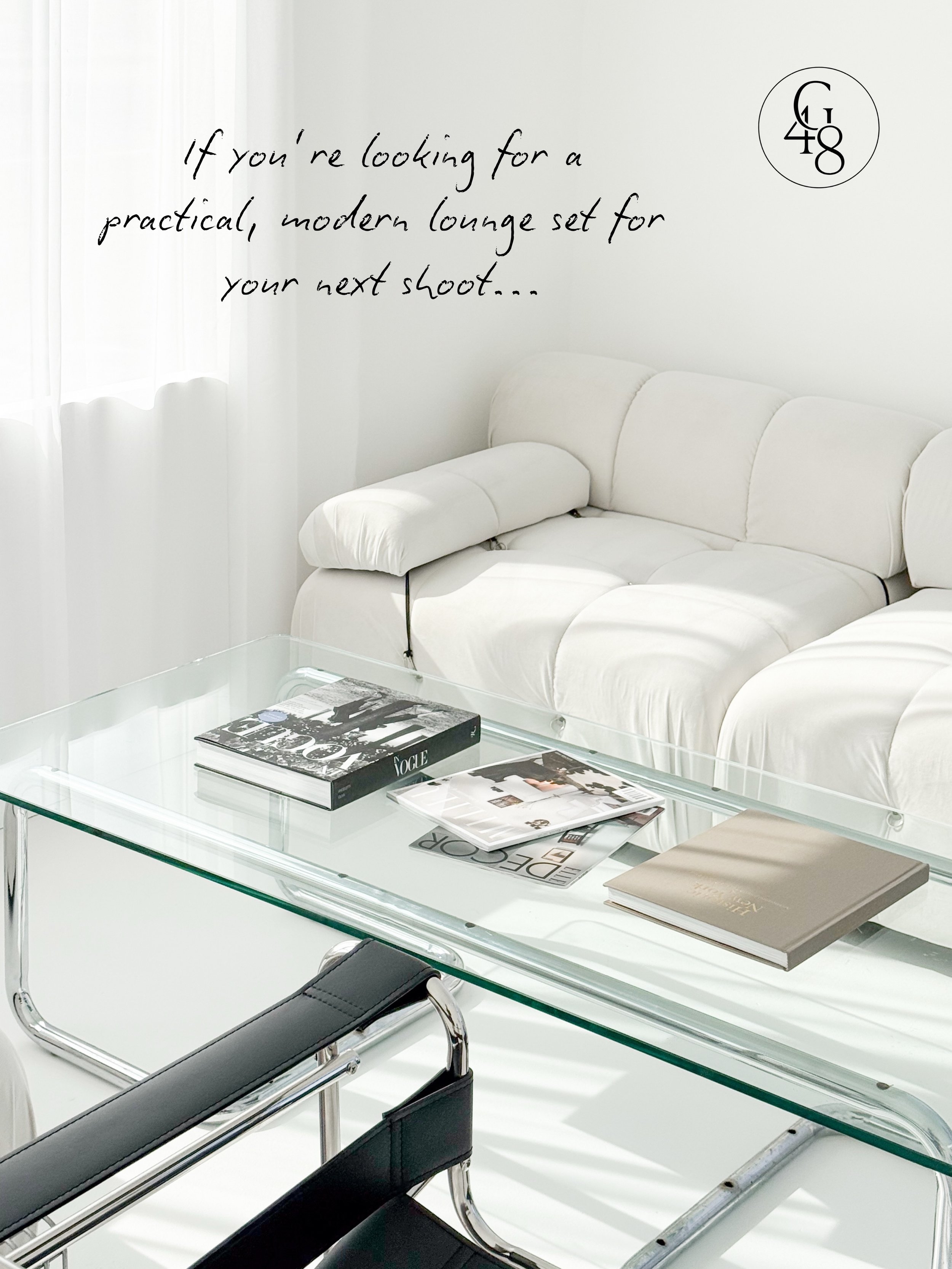 when we designed this new lounge in Blanc, we want it to feel both beautiful and useful&mdash;a space where you can shoot content, lay out your gear, review outfits, or simply give your clients a place to relax in between photos. 

Because the little