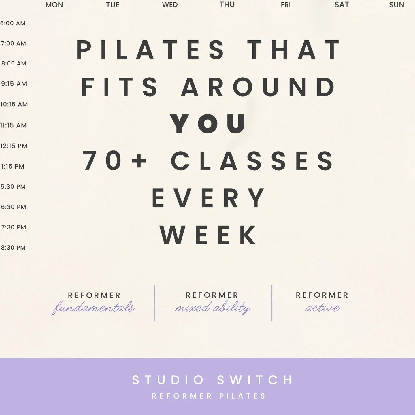 ✨ Reformer Pilates That Fits Around YOU ✨

With 70+ Reformer Pilates classes every week, fitting movement into your schedule has never been easier.

From Fundamentals for beginners, to Mixed Ability classes that grow with you, and Active sessions for