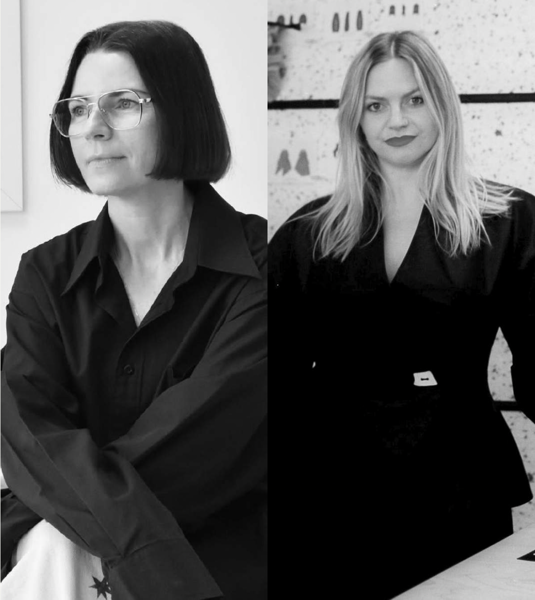 Side-by-side black and white photos of two women, one with short black hair and glasses, the other with long blonde hair, both wearing dark blouses.