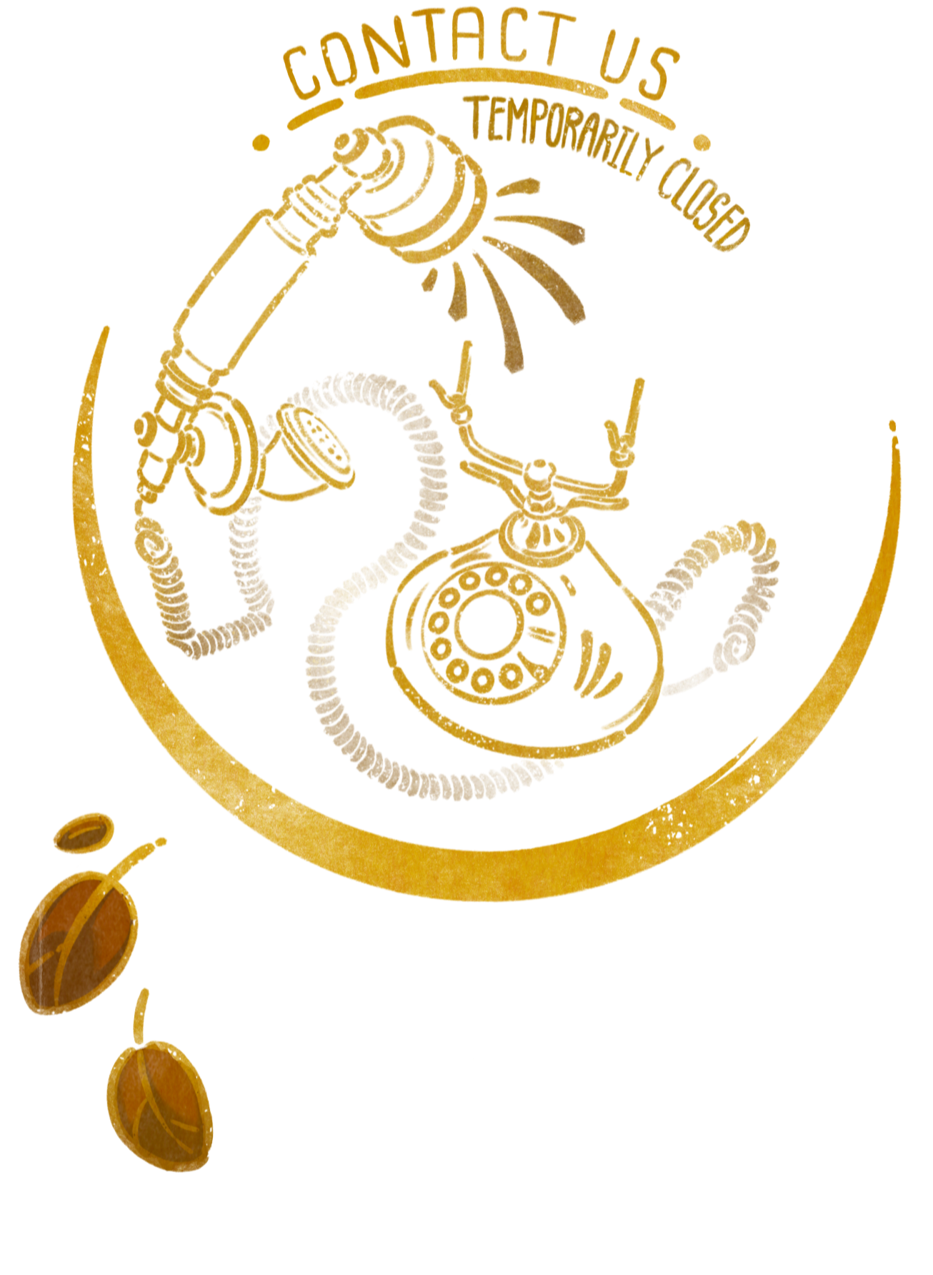 Yellow coloured outline of an antique phone with a text ‘contact us, temporarily closed’ at the top, with a large yellow crescent surrounding it and falling autumn leaves on the bottom right and left.