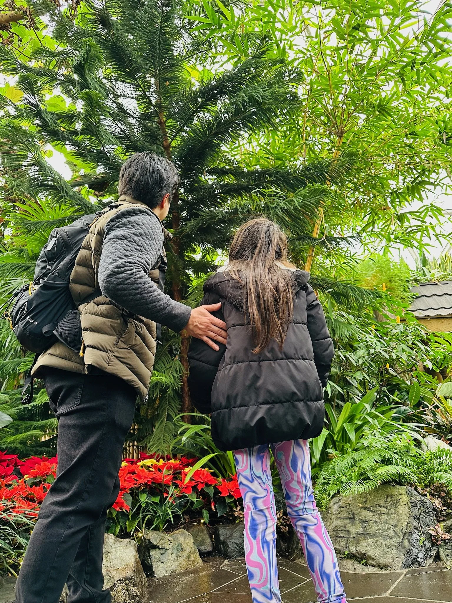 Two people, one man and one woman, are standing in a lush greenhouse or botanical garden, observing plants. The man, with gray hair, is touching the woman's back. The woman has long brown hair and is wearing a black puffy jacket and colorful, pattern