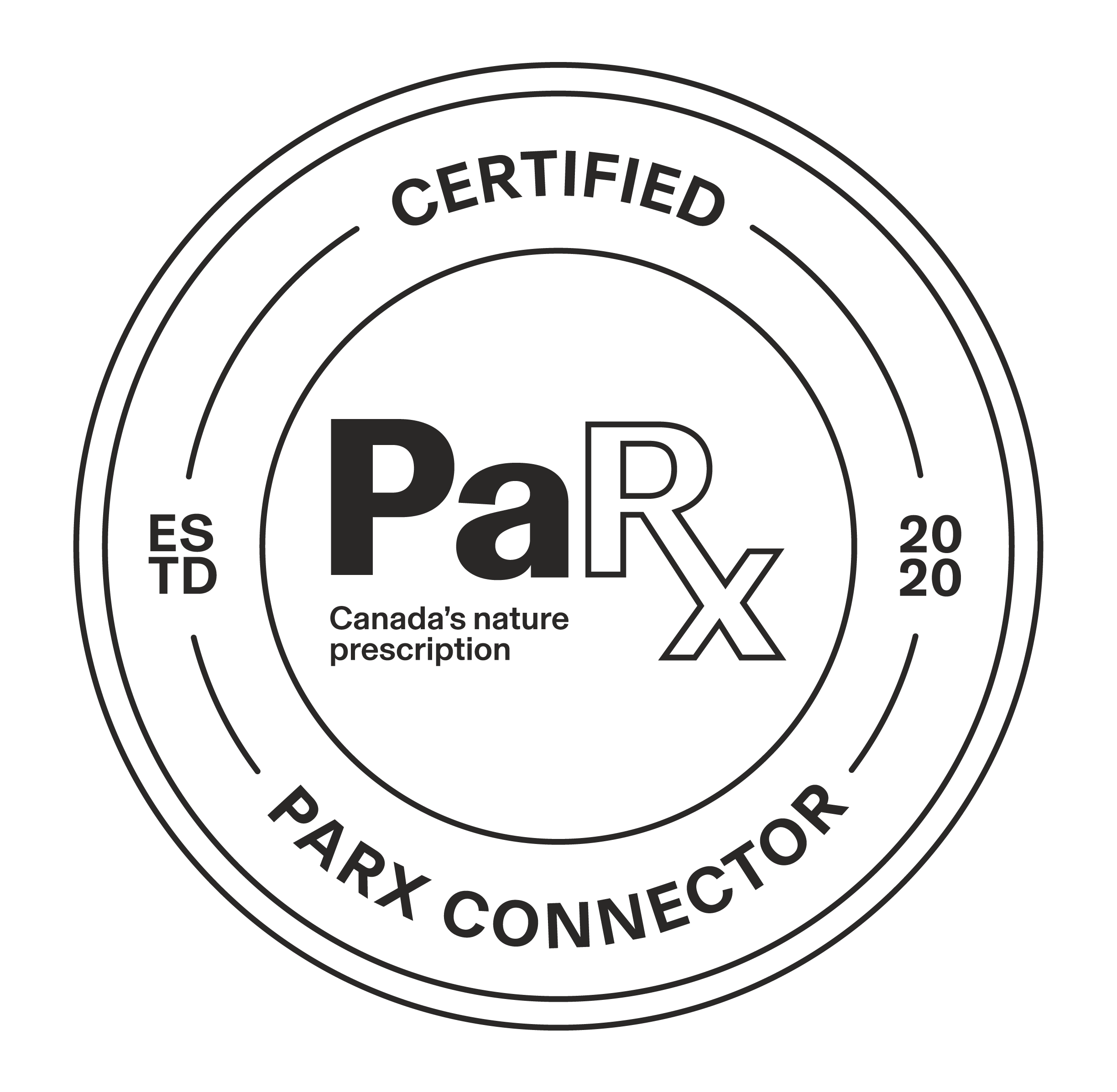 PaRx, Black certification badge with concentric circles and the text 'CERTIFIED' at the top, and 'Canada's nature prescription' at the bottom.