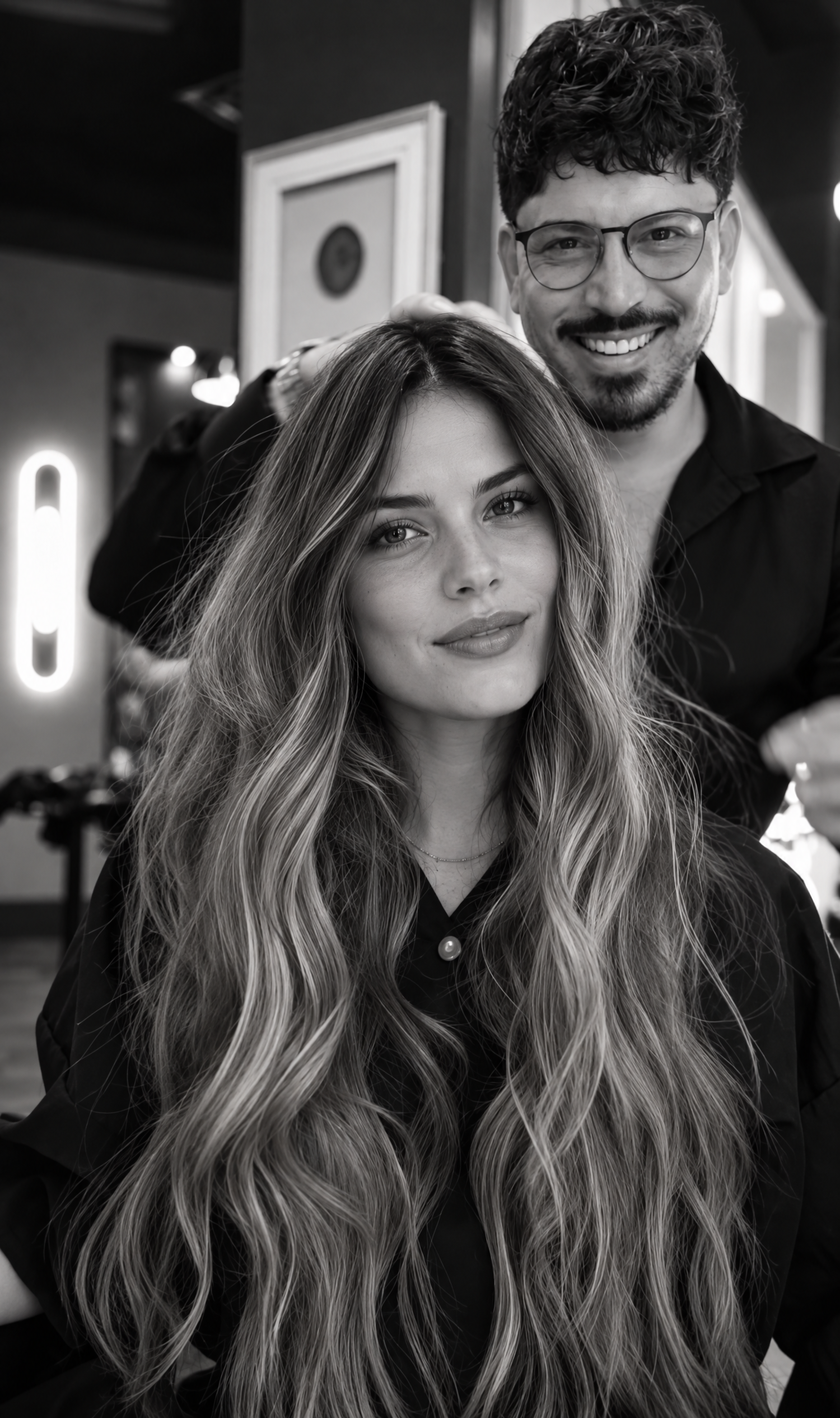 Alfredo Contrera con una modelo que luce un color con dimensión creado en Alfredo James Hair Design en San Antonio