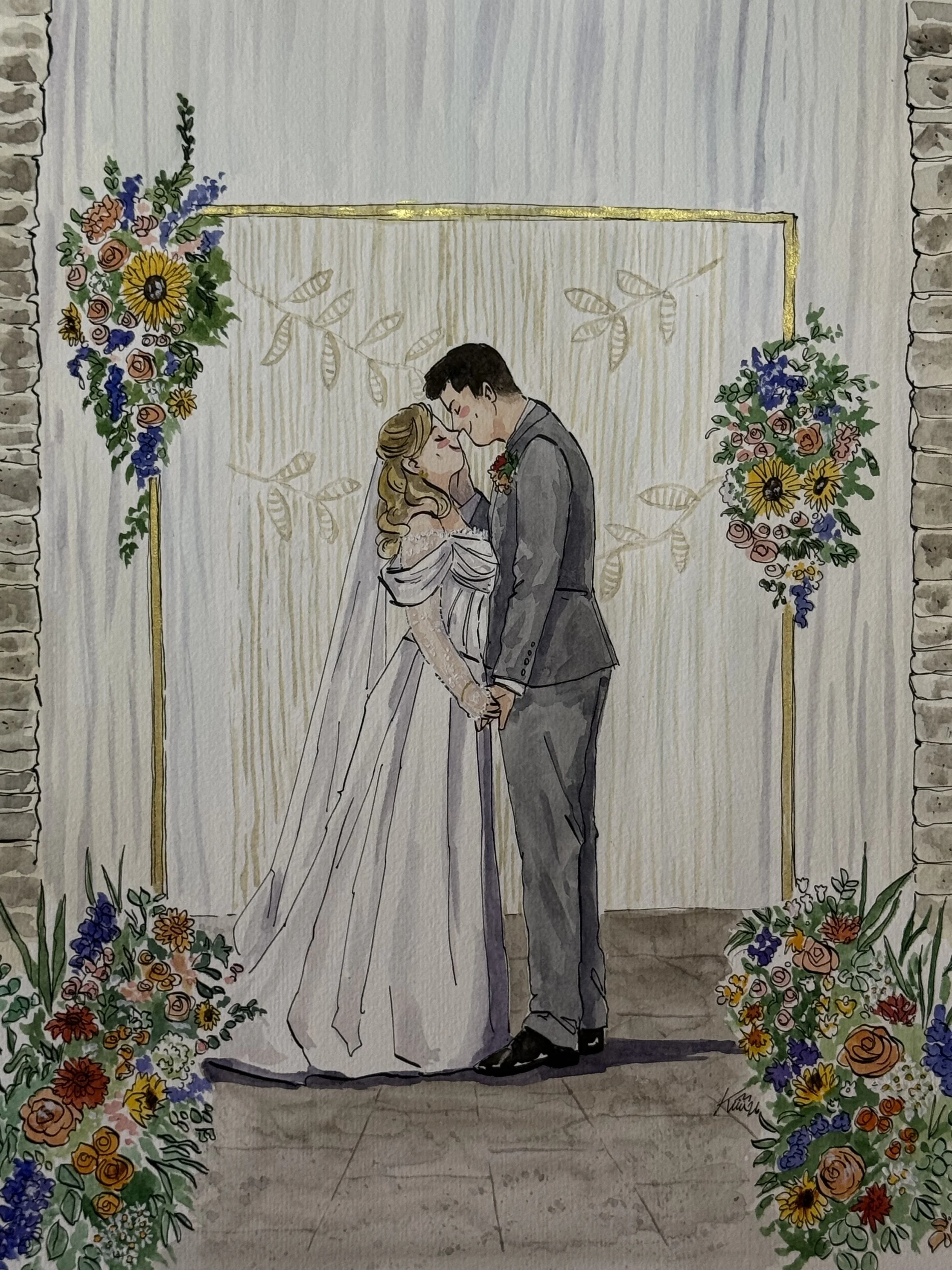 Watercolor illustration of a bride and groom standing close, holding hands and about to kiss, under a floral arch with colorful flowers and green foliage, on a stone courtyard.