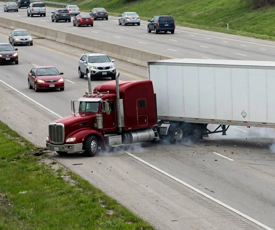 Red Semi Truck Jackknife on Freeway