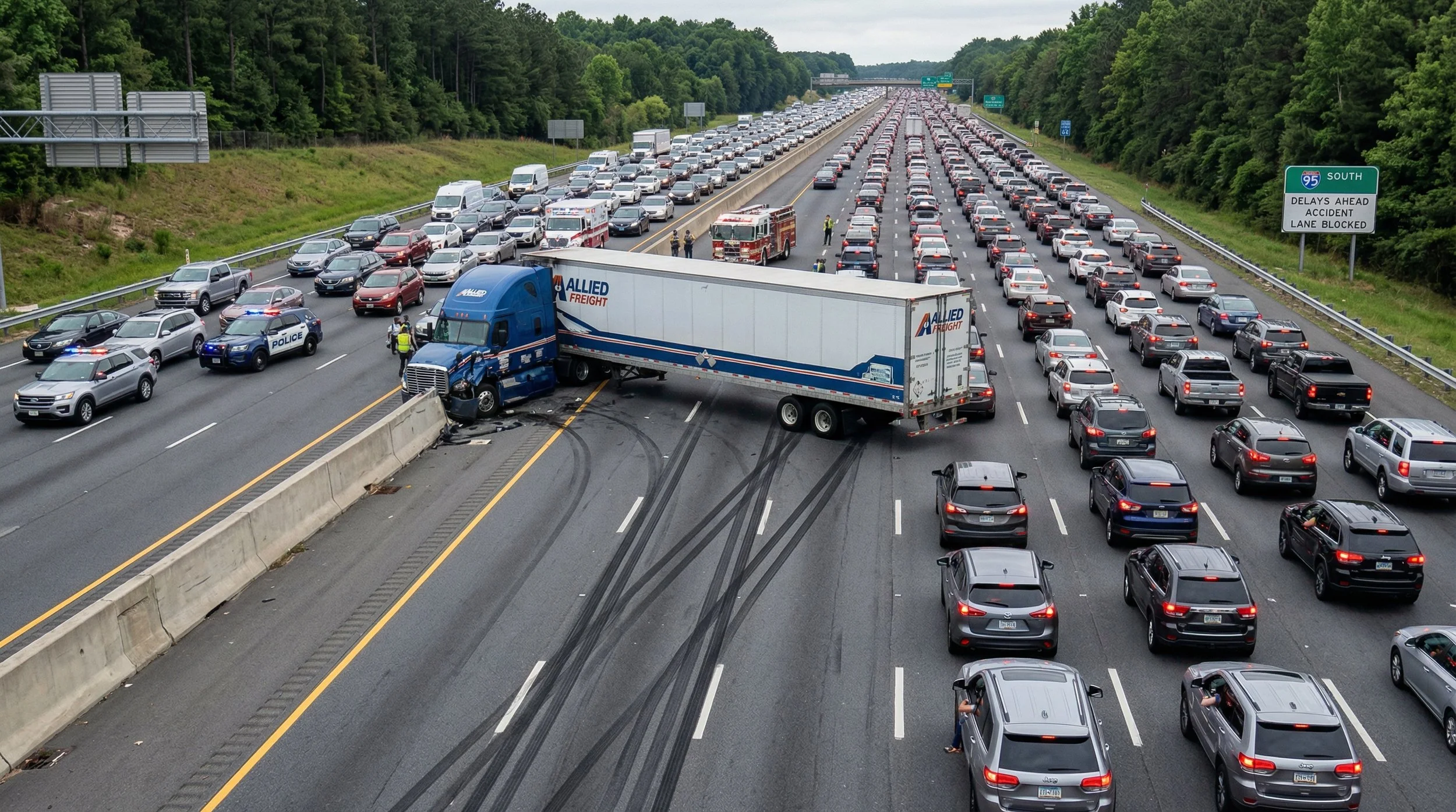 Blue Semi Truck Jackknife on Divided Highway