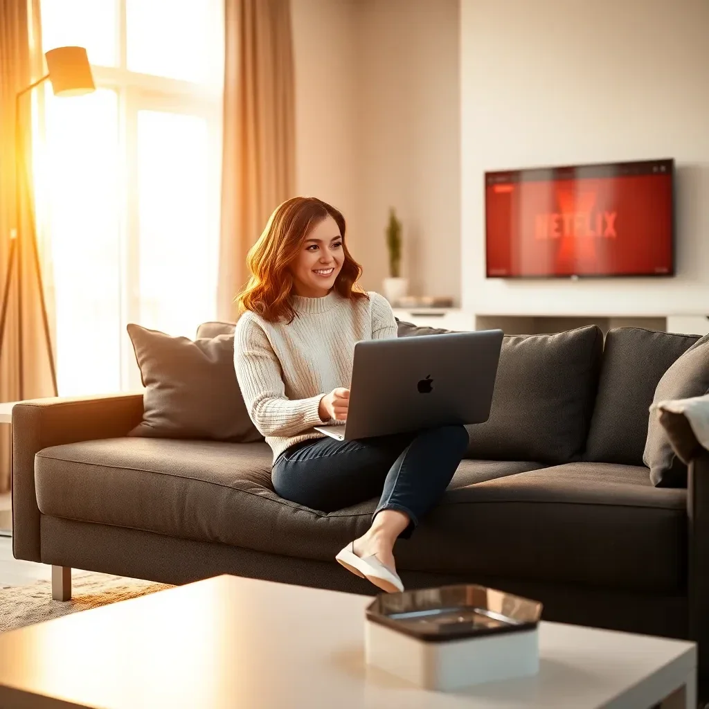 Mulher relaxando no sofá com internet de alta velocidade da Loja NET, assistindo a um filme em sua TV