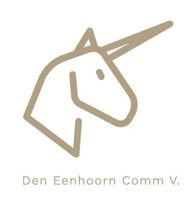 Simple line drawing of a unicorn head with a horn, accompanied by the text 'Den Eenhoorn Comm V.' underneath.