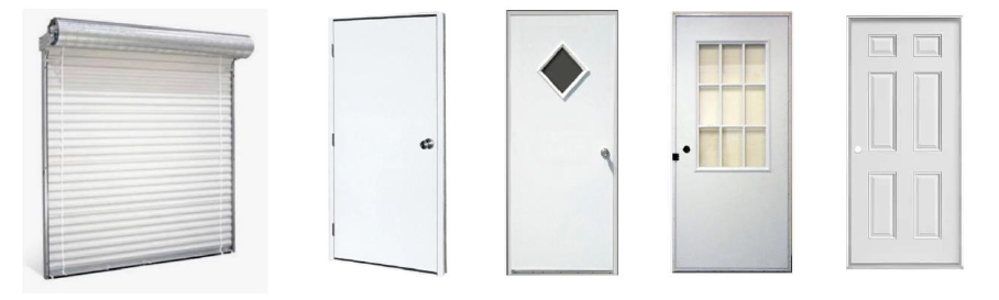 Five different types of doors and a roll-up garage door in a row.