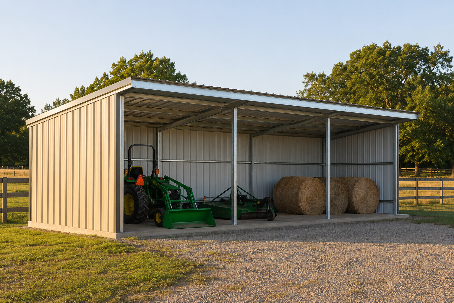 A metal loafing equipment shed containing a green tractor and three large hay bales on a farm.