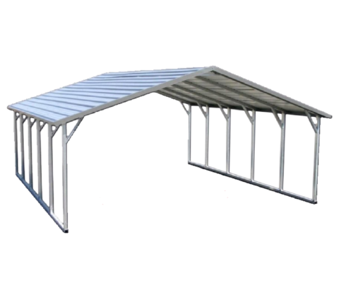 3D rendering of a partially enclosed metal carport with a sloped roof, supported by vertical beams, with a concrete driveway underneath.