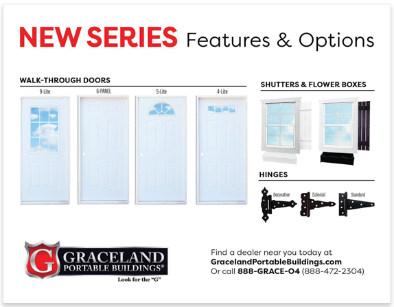Advertisement for GRACELAND Portable Buildings featuring new series walk-through doors, shutters, flower boxes, and hinges.