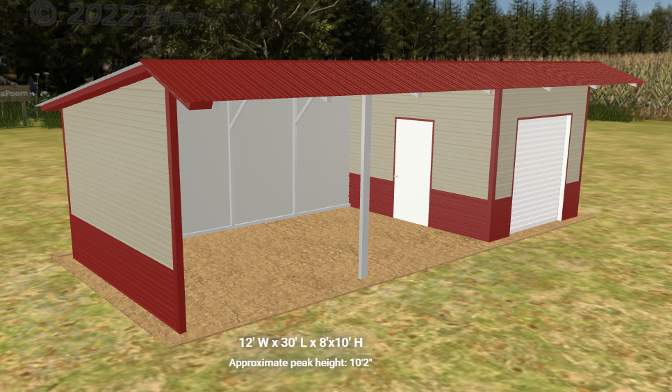 A 3D-rendered model of a small metal loafing equipment shed with a red roof, beige walls with red trim, one side open, a white door on the front, and a roll-up garage door on the right side. The shed is situated outdoors on a grassy area.