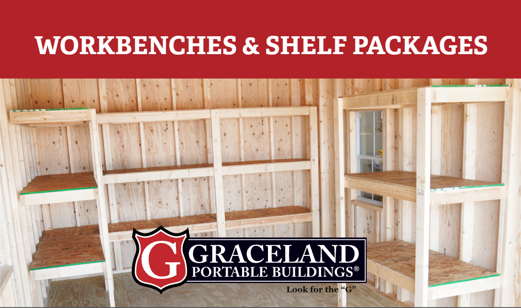 Wooden workbenches and shelf packages inside a workshop with raw wooden walls, featuring various shelving units from Graceland Portable Buildings.