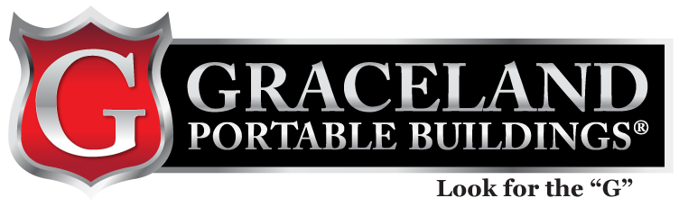 Graceland Portable Buildings logo with a red shield and white 'G' on it, and the text 'Graceland Portable Buildings' in white on a black background.