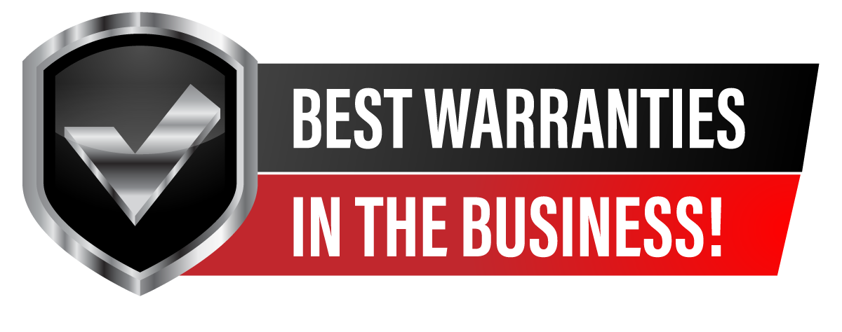 Badge with checkmark symbol and text 'Best Warranties in the Business!'