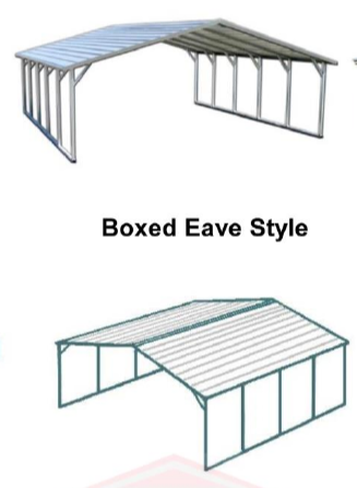 Image showing two steel framed structures, labeled 'Boxed Eave Style,' one in a three-quarter view and the other in an isometric view, both designed as covered, open-sided shelters.
