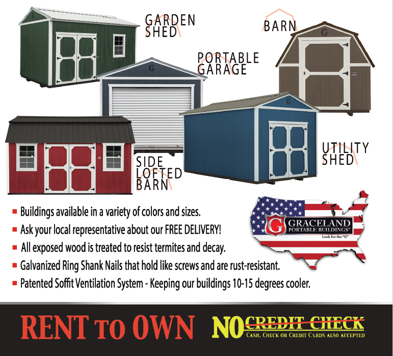 Various storage buildings including a green garden shed, a blue portable garage, a gray barn, a red shed with side lofted barn, and a brown barn. An American map with a Graceland Portable Buildings logo is also shown.