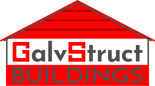 Logo of GalvStruct Buildings featuring a house roof with red and black colors and the company name underneath.