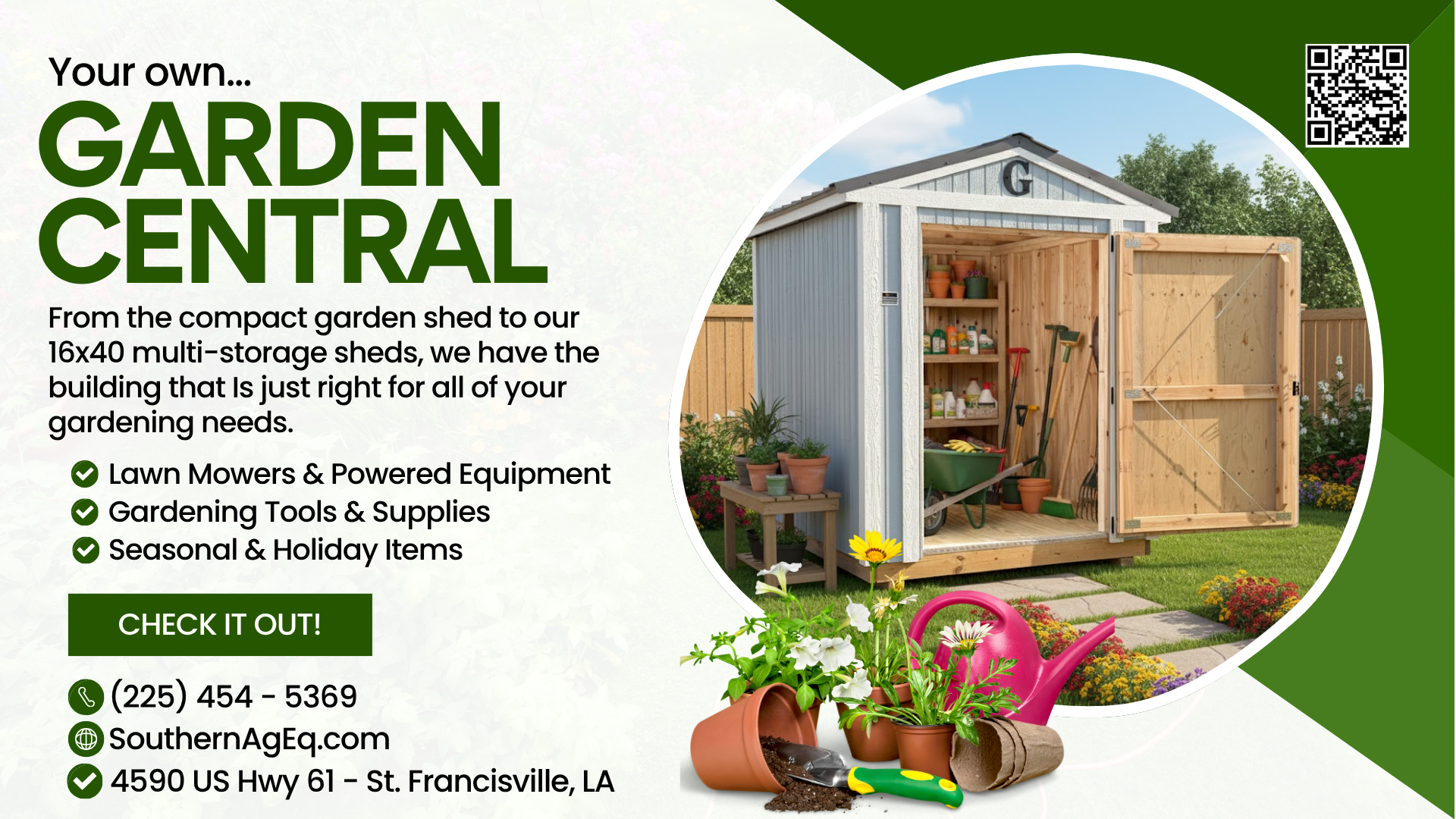 Advertisement for a garden shed company featuring an outdoor garden shed with gardening tools and plants, and text about garden sheds, tools, and seasonal items.