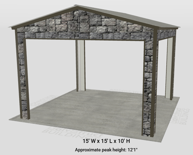 3D model of a small open-sided stone and wood shed with concrete floor, measuring 15 by 15 feet, 10 feet high.