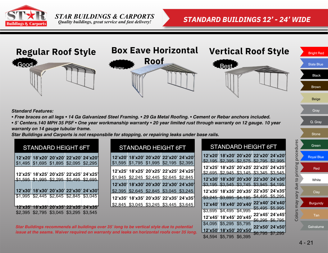 A sales sheet for star buildings and carports featuring three types of roof styles: regular roof style, box eave horizontal roof, and vertical roof style, available in various colors and sizes with prices listed.