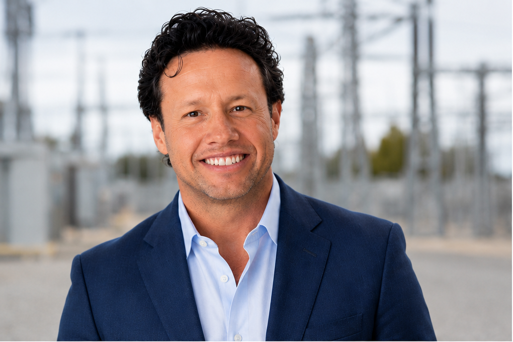 A man with dark curly hair and a wide smile is wearing a navy blue suit and light blue shirt, standing outdoors near electrical infrastructure.