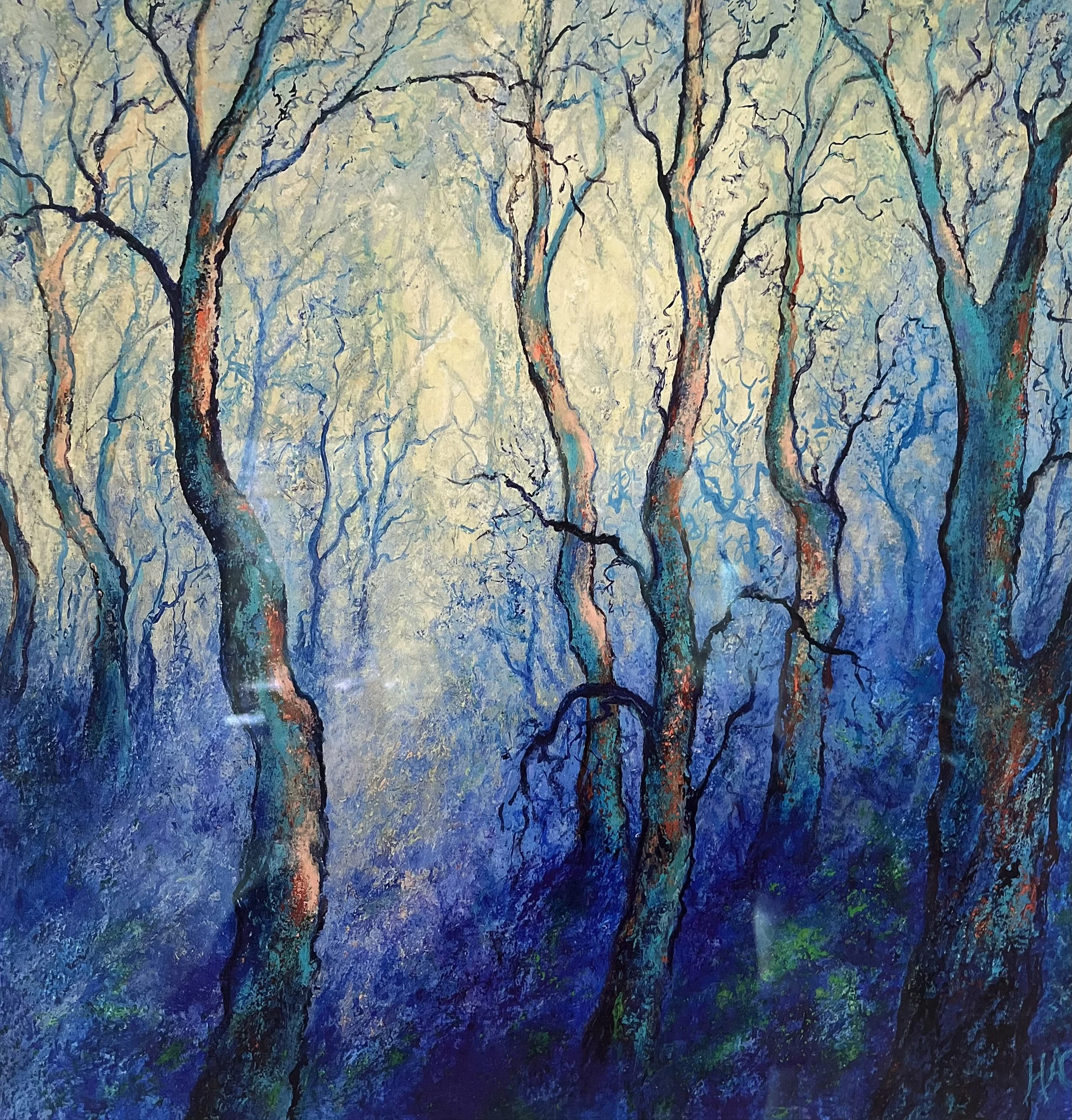 Painting of bare winter trees in soft blues and browns