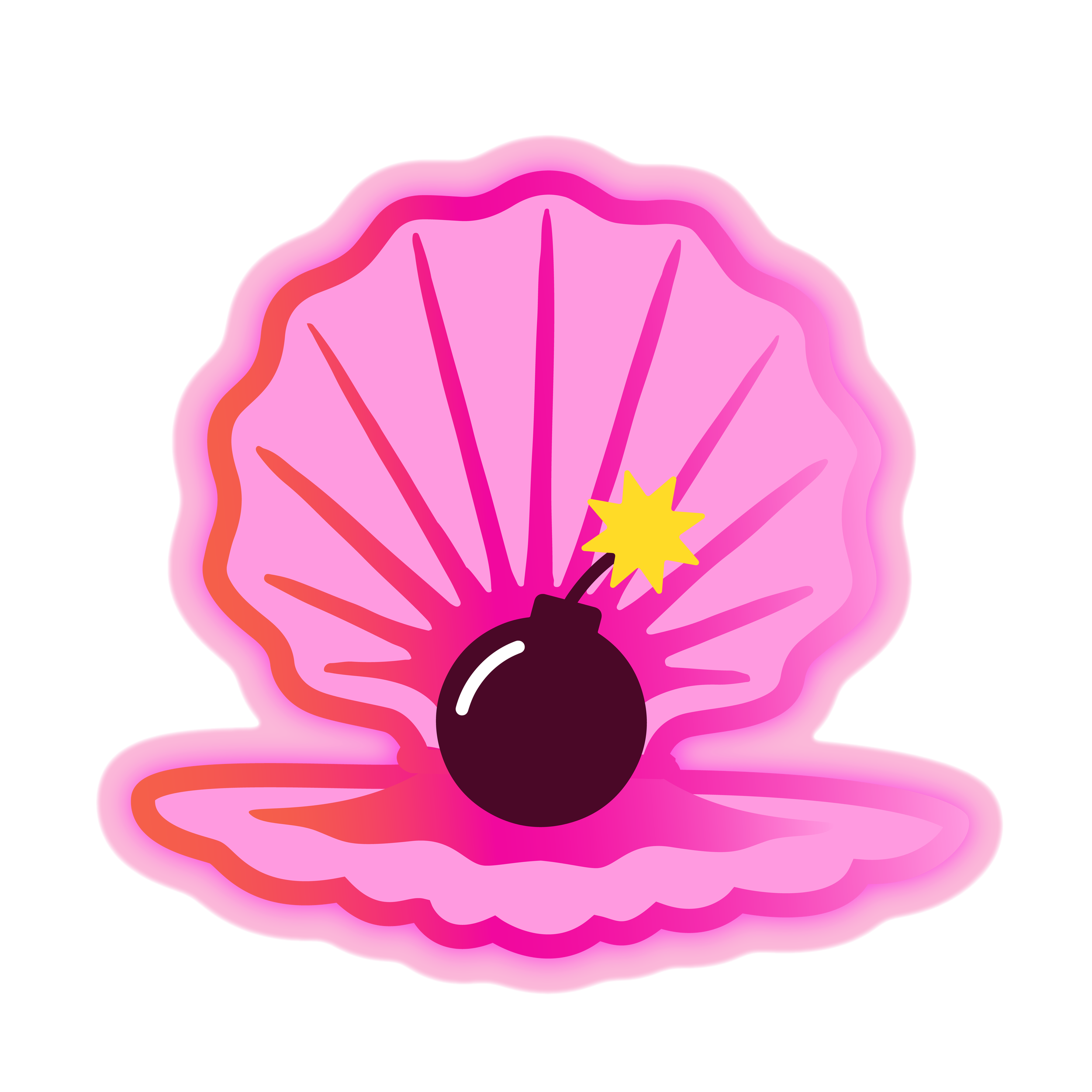 A pink open clam shell with a black cartoon-style bomb with a lit yellow fuse inside.