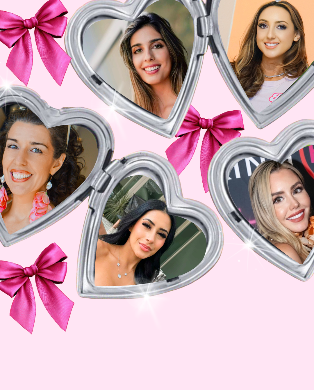 Collection of women’s portraits displayed in heart-shaped silver frames with pink bows on a pink background.