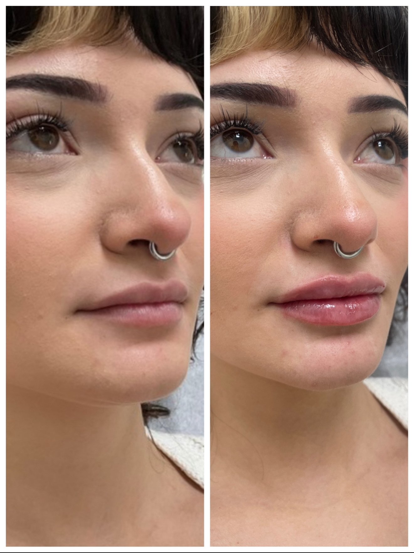 A side-by-side comparison of a woman's face showing a before and after view. The left side depicts her with no makeup, while the right side shows her with makeup, including lipstick and enhanced eyelashes.
