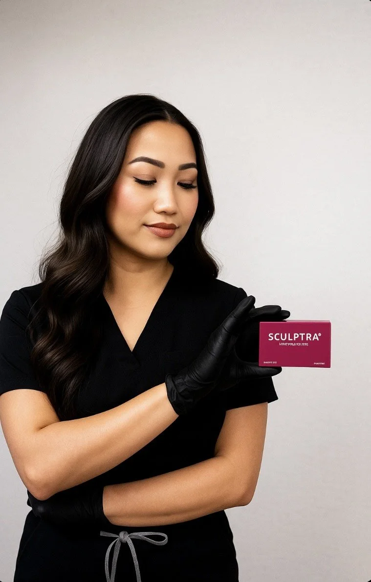 A woman with long dark hair and makeup holding a pink box labeled 'SCULPTRA' in black gloves, smiling slightly while looking at the box.