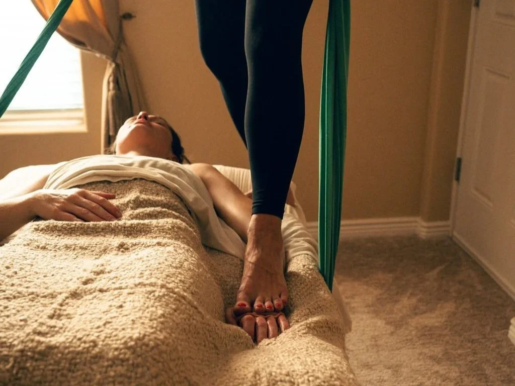 Sarga massage therapy at a Salt Lake City massage studio, providing advanced fabric-assisted bodywork at Kalm Sanctuary