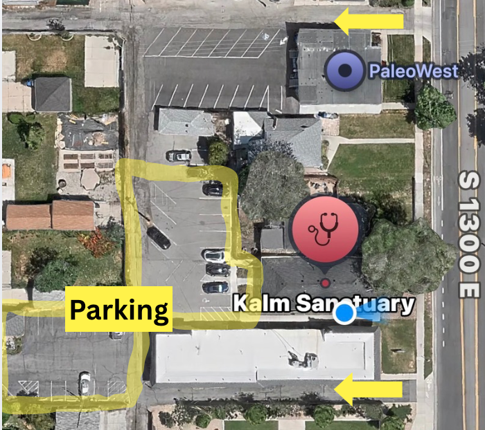 Kalm Sanctuary parking located behind the building in Salt Lake City near Sugar House with back lot entrance