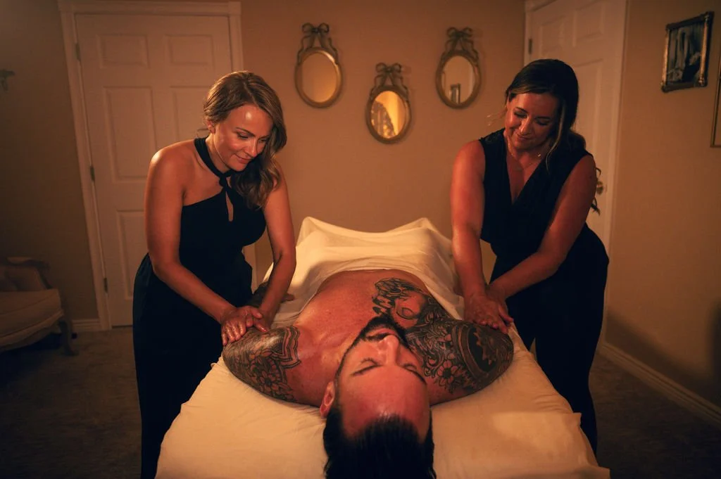 Four Hands Massage at Kalm Sanctuary in Salt Lake City with two synchronized therapists providing deep relaxation, stress relief, and full-body rejuvenation.