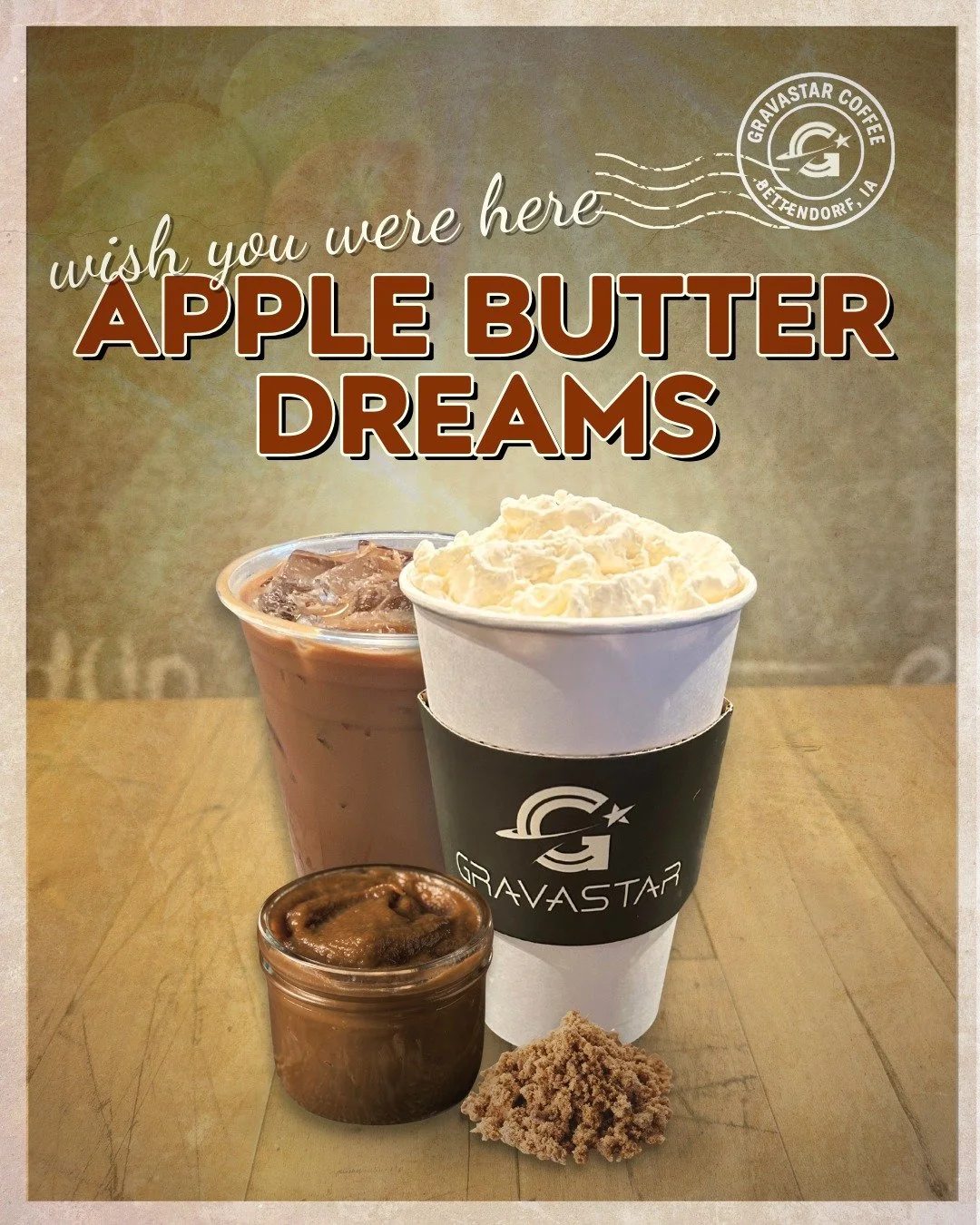 ✨ Wish you were here&hellip;✨ 

Sipping an Apple Butter Dreams Latte: cozy apple butter and a touch of brown sugar magic meet rich espresso and milk. Served hot or iced, it&rsquo;s the sweetest daydream of fall. ☕️🍂

#GravastarCoffee #FallVibes #Loc