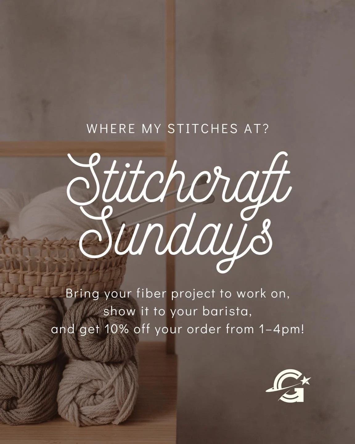 🧶✨ Introducing Stitchcraft Sundays&mdash;Where my stitches at?

Bring your knitting, crochet, embroidery (or whatever you&rsquo;re working on) and show it to your barista for 10% off your order.

Chat if you want, or simply unwind if you don&rsquo;t