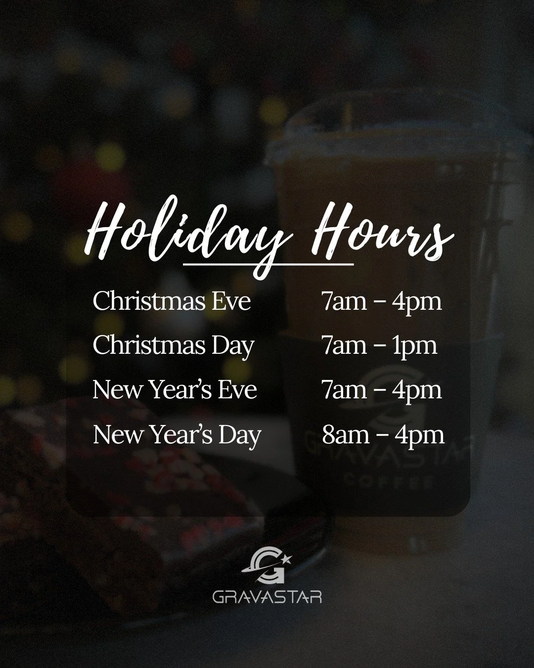 Holiday hours are here ❄️✨

We&rsquo;ll be open throughout Christmas and New Year&rsquo;s, with adjusted hours so our team can enjoy time with loved ones.

Christmas Eve &mdash; 7am&ndash;4pm
Christmas Day &mdash; 7am&ndash;1pm
New Year&rsquo;s Eve &