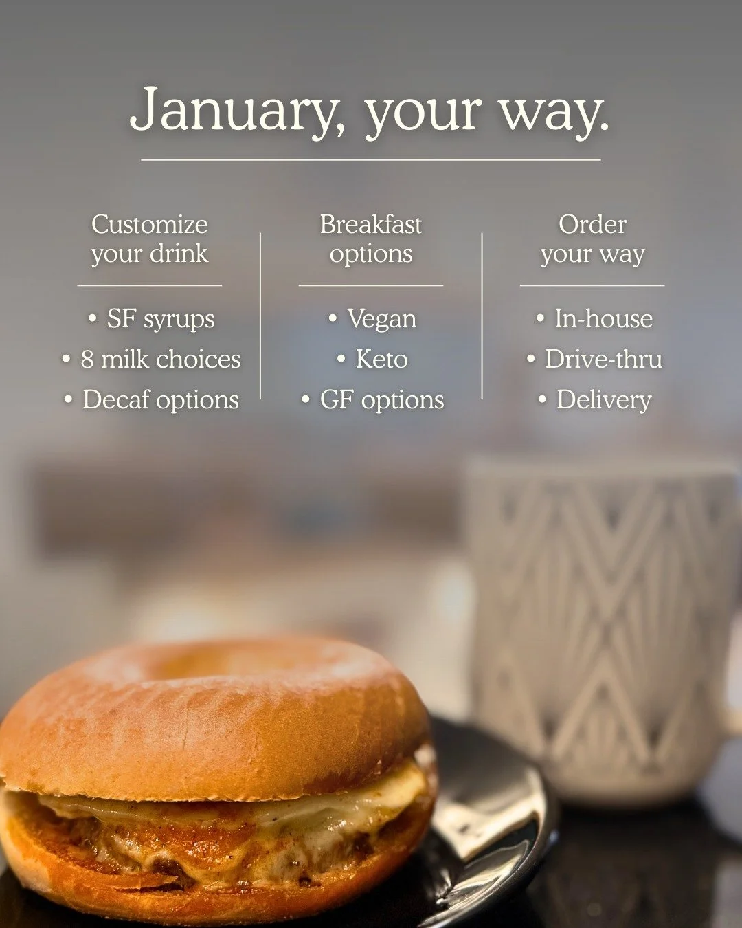 January looks different for everyone.

Customize your drink, choose the breakfast that works for you, and order however you want &mdash; in-house, drive-thru, or delivery.

No stress. Just good food and great coffee.