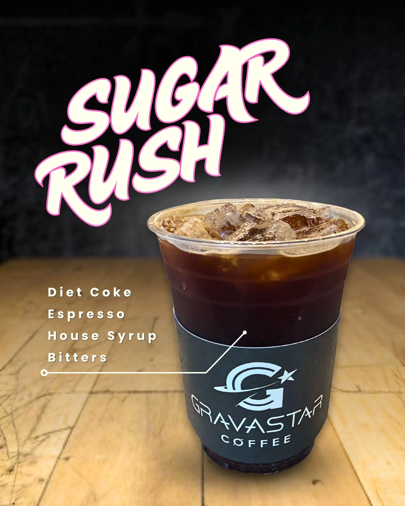 Sugar Rush ⚡ Think of it as the grown-up dirty soda.
Diet Coke &bull; Espresso &bull; House Syrup &bull; Bitters
Dangerously drinkable.