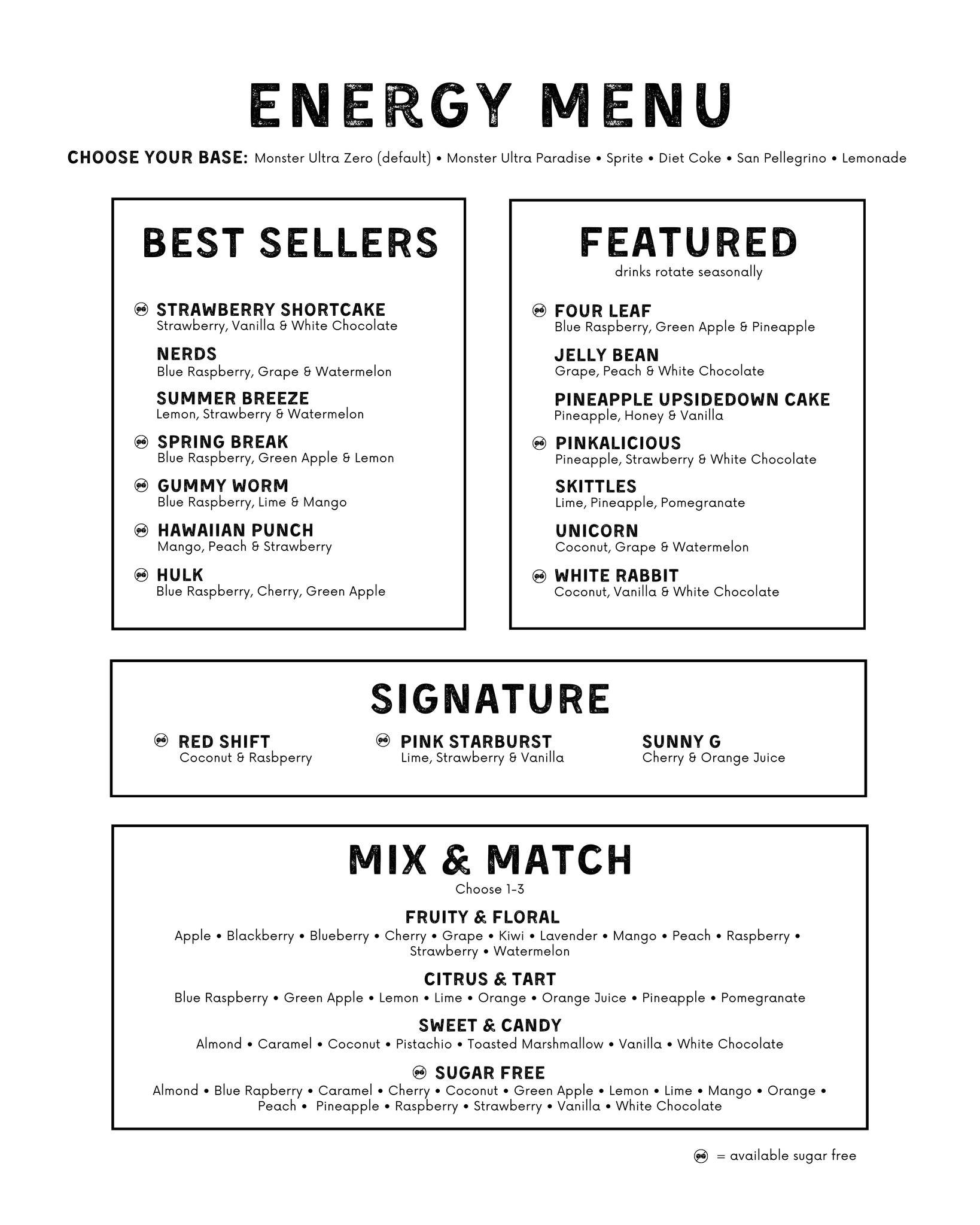 Discovery Lab and Barista's Choice often steal the spotlight, but we've got so much more!

Our March&mdash;April featured latte &amp; energy flavors are incredible&mdash;local honey, pistachio, lavender, and candy-inspired favorites.

💾 Save this so