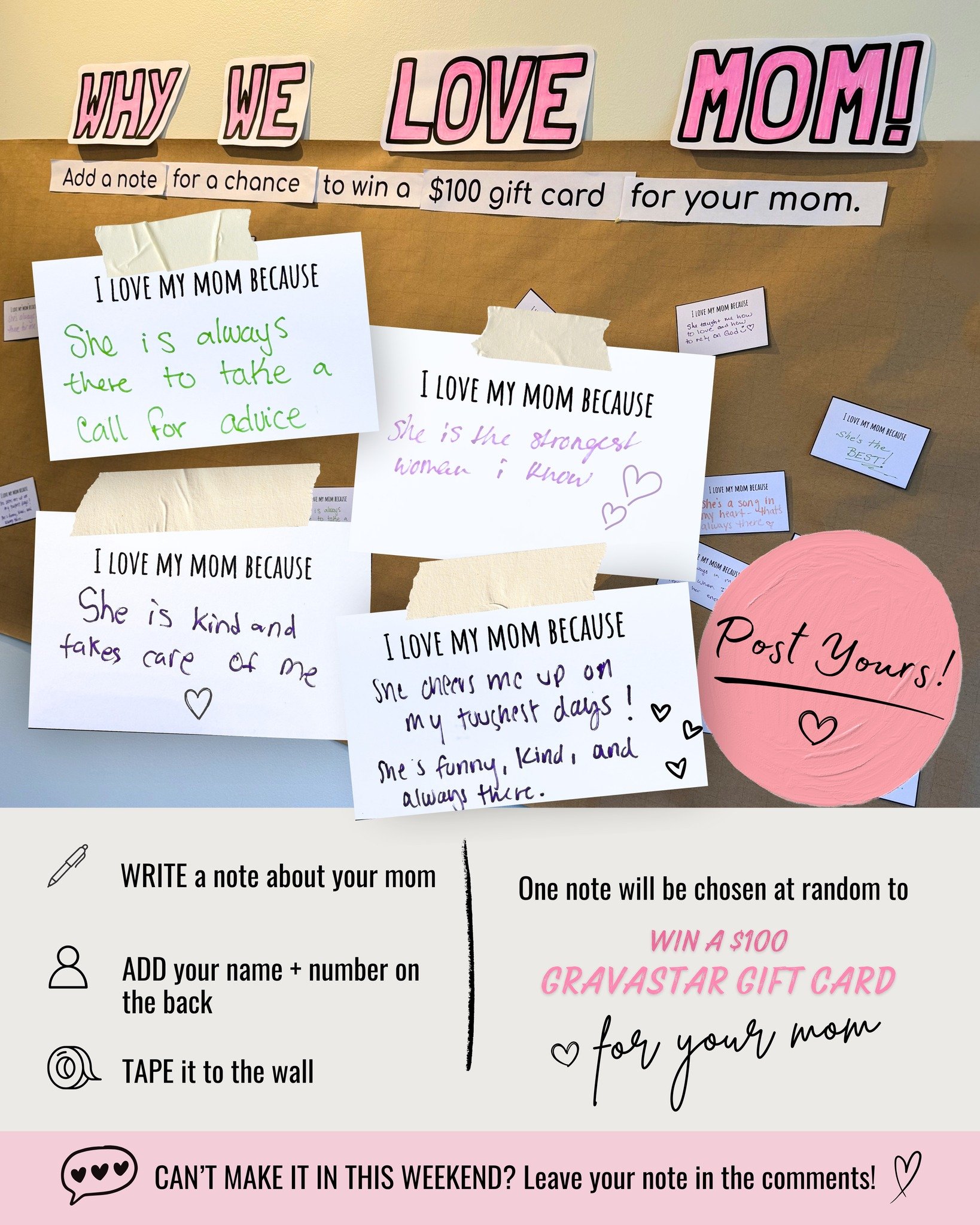 💐 Tell us why you love your mom, grandmother, or mother figure 💐

Today through Sunday, add a note to our Mother&rsquo;s Day wall in the shop for a chance to win a $100 Gravastar gift card for your mom, grandma, or someone who&rsquo;s been like a m