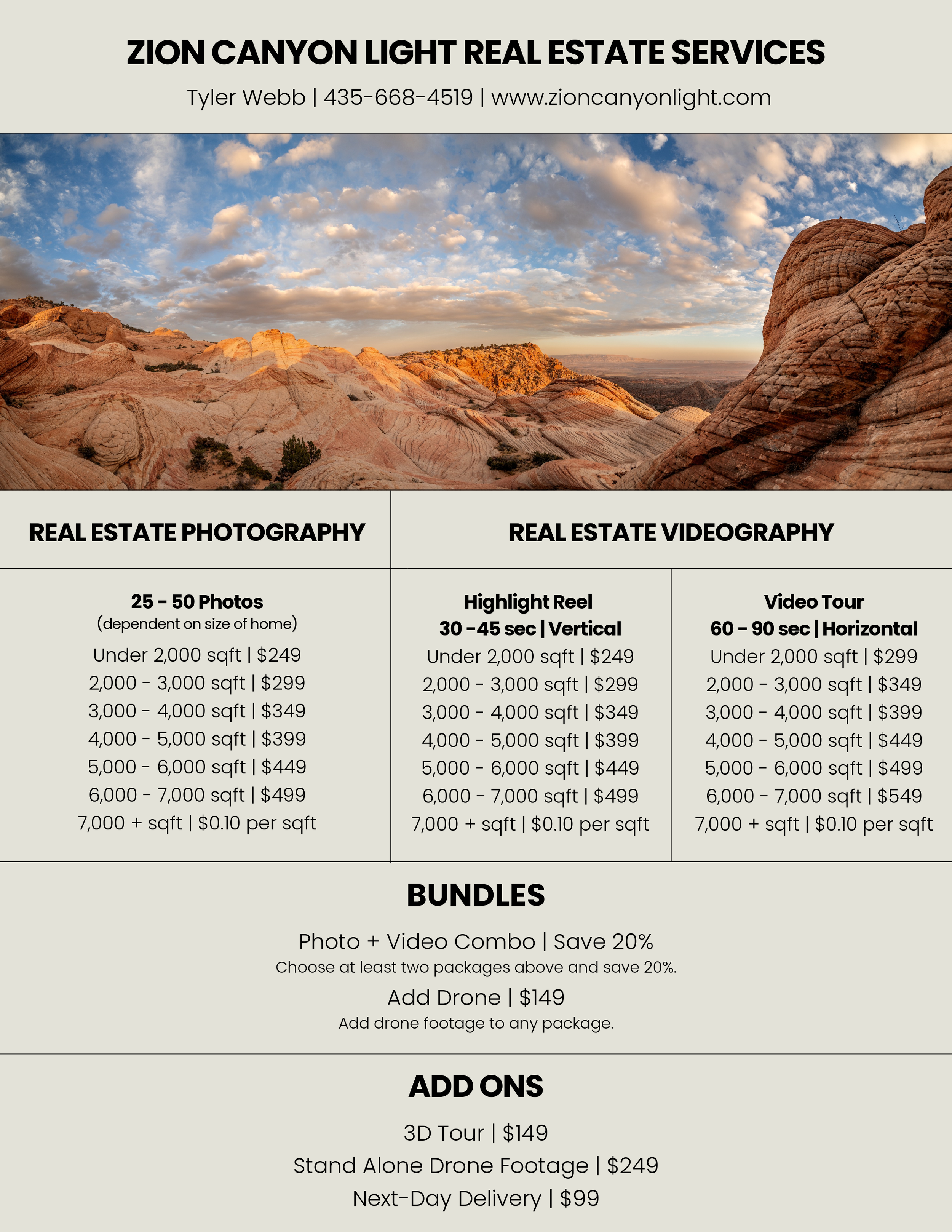 Advertisement for Zion Canyon Light Real Estate Services featuring a landscape photo of Zion Canyon with colorful rock formations and a partly cloudy sky.