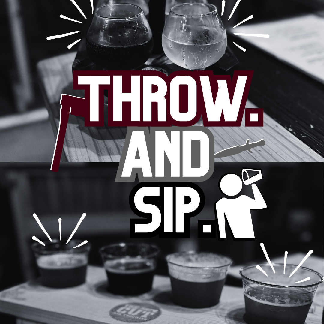 Two glasses of mixed drinks on a table with the text "Throw. and Sip" overlaid, along with illustrations of a hammer, a screwdriver, and a person drinking from a bottle.
